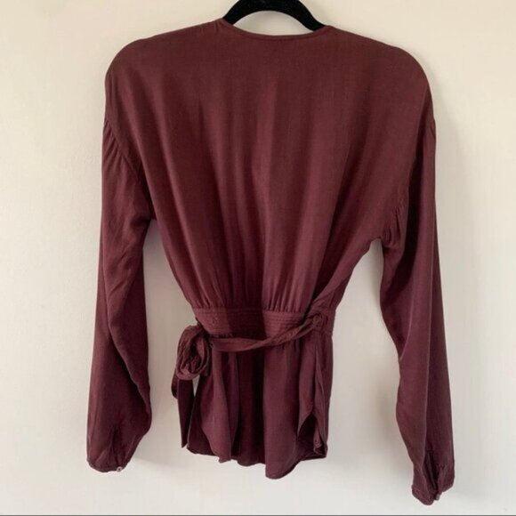 Wilfred Aritzia Anemone Blouse Wrap Tie Up Belted V-neck Truffle Maroon Size XS - Picture 12 of 16